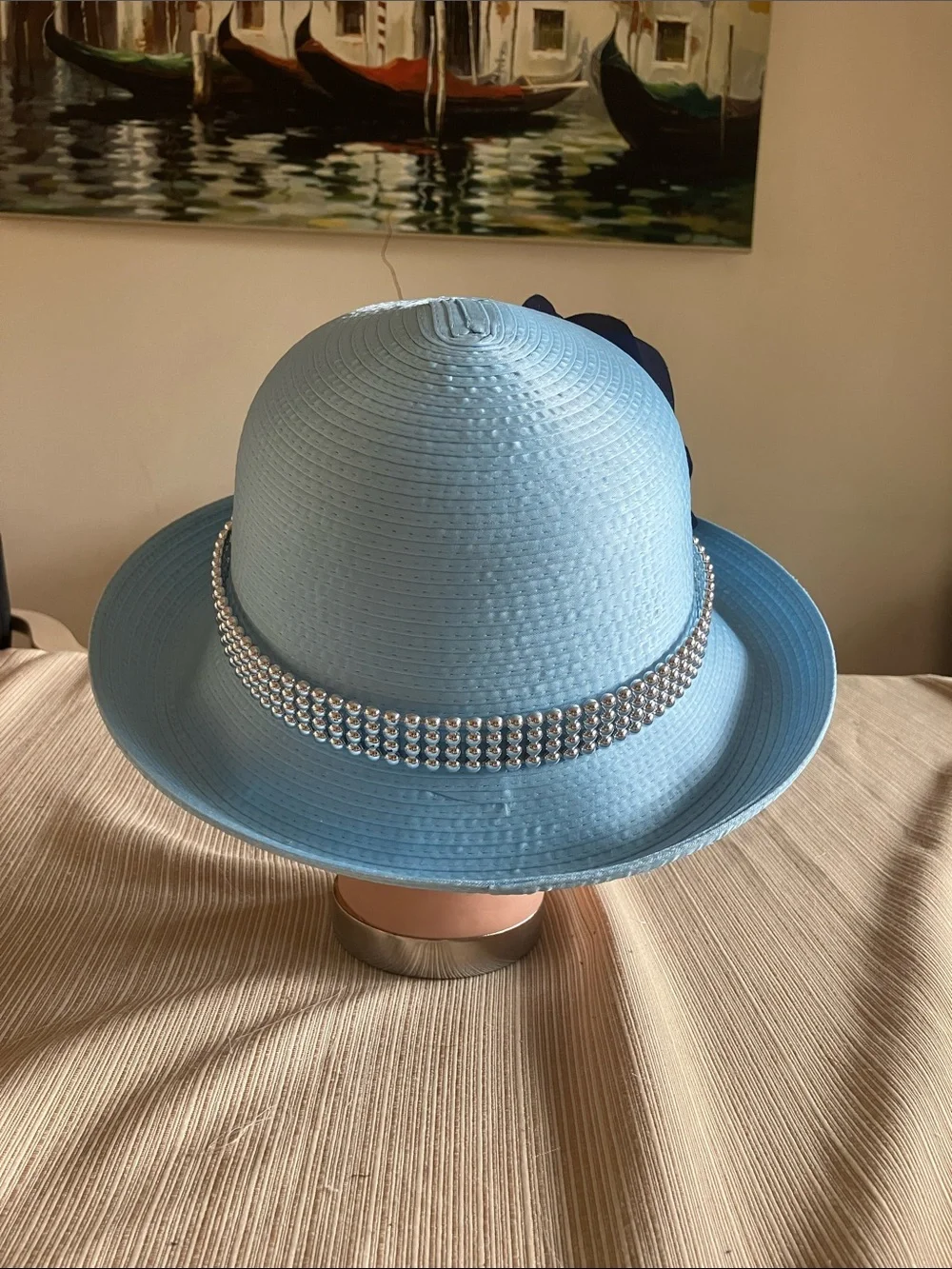 Light Blue Satin Ribbon Hat with Navy and Light Blue Floral and Beaded Band